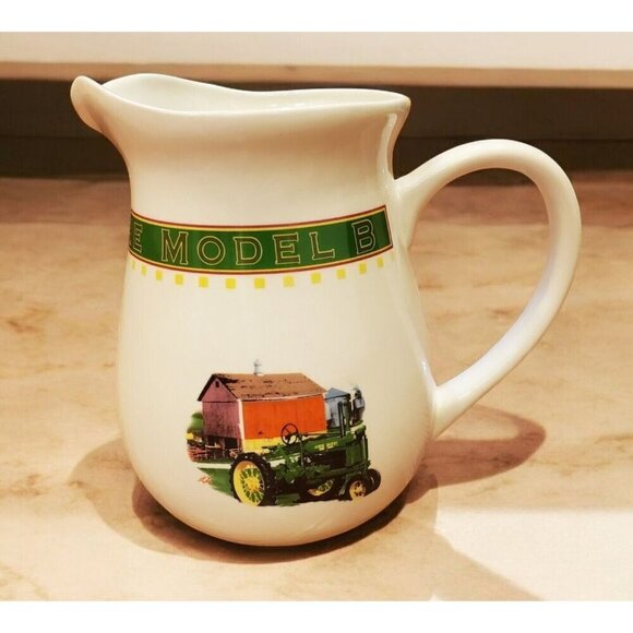 Gibson John Deere tractor model B 8” Pitcher Ceramic White Green Tractor EUC - Picture 1 of 11